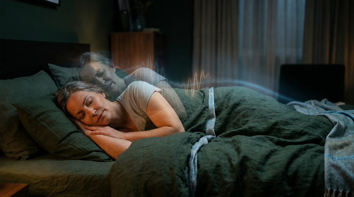 Close-up of a woman lying awake at 3AM with eyes open, experiencing the tired but wired feeling of hormonal sleep disruption