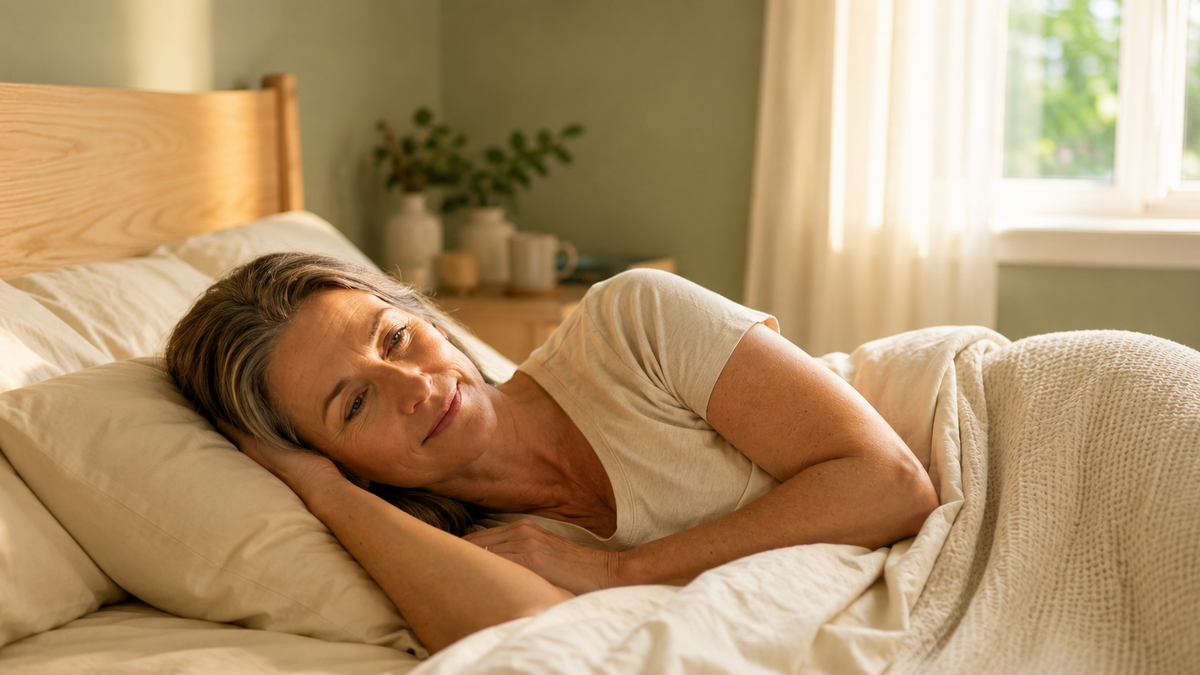 Woman in her late 40s waking up naturally in morning light feeling rested after sleeping through the night